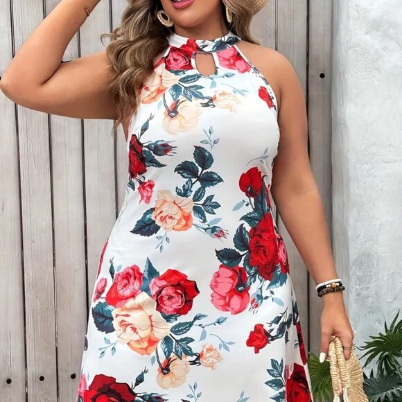 Women's Plus Size Floral Print Keyhole Halter Neck Fashion Summer Dress 16W -22W - Picture 2 of 11